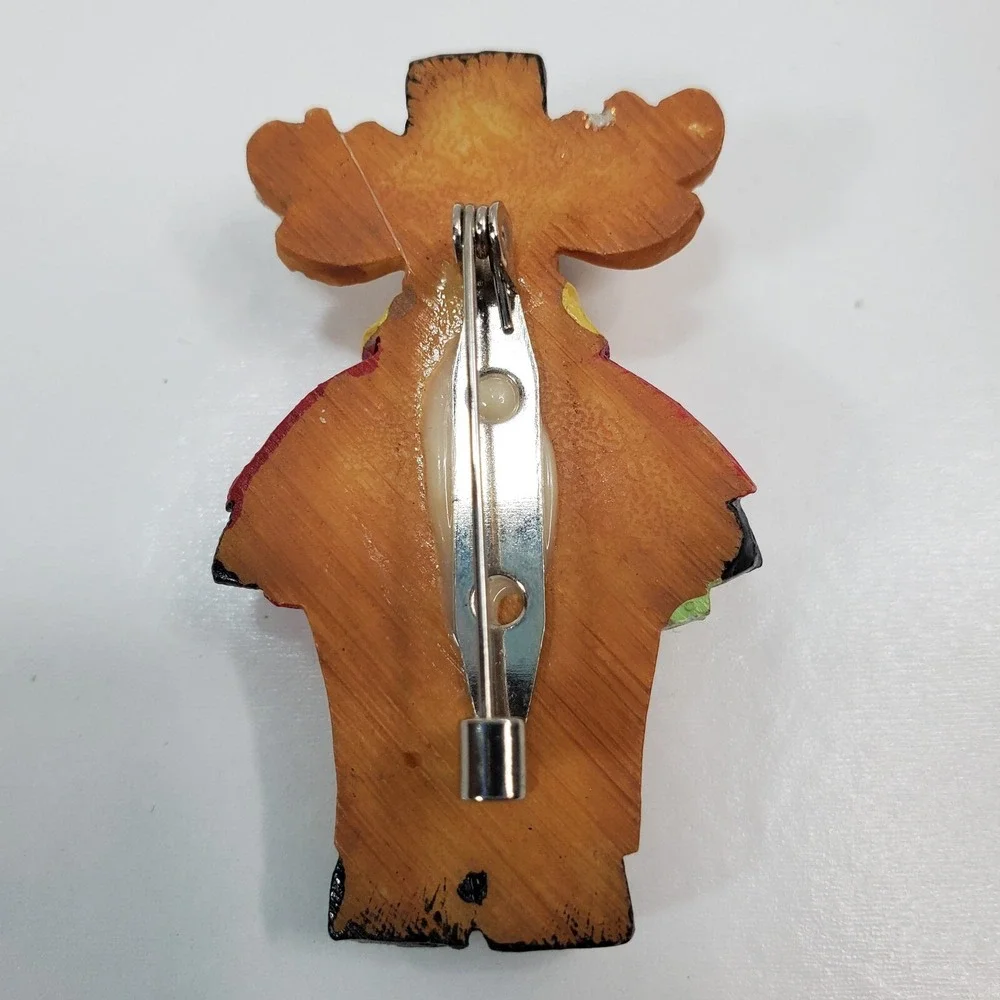 Vintage Winter Moose with Coat Hat Scarf Book Holiday Resin Pin Brooch